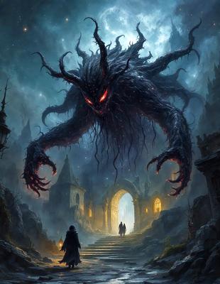 The primary subject of the image is a large, dark, and scary monster-like creature with long tentacles and red eyes. It is standing in front of a castle-like structure, which serves as the setting for the scene. The visual style of the image is a digital art or illustration, creating a dramatic and intense atmosphere. The dominant colors in the image are dark shades, such as black, red, and purple, which contribute to the overall mood of the scene.
